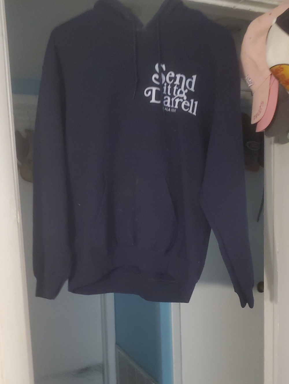 Unbranded Navy Hoodie with White Script Print "Send It To Darrell." Brand New.